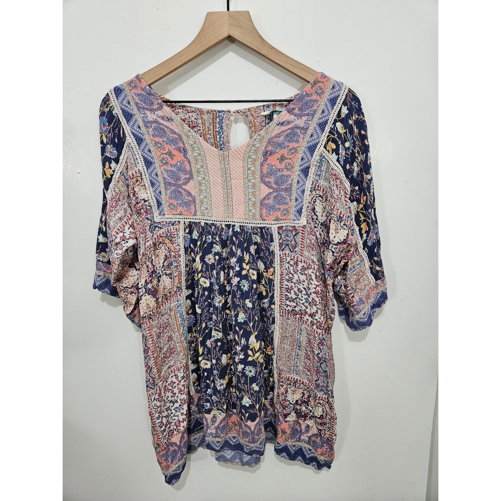 Sundance Tunic Womens Petite Large Floral Paisley Patchwork Boho Crochet Trim